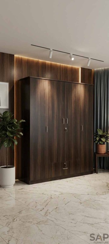 Modern Dark Walnut Four-Door Wardrobe with Bottom Center Drawer & Key Lock