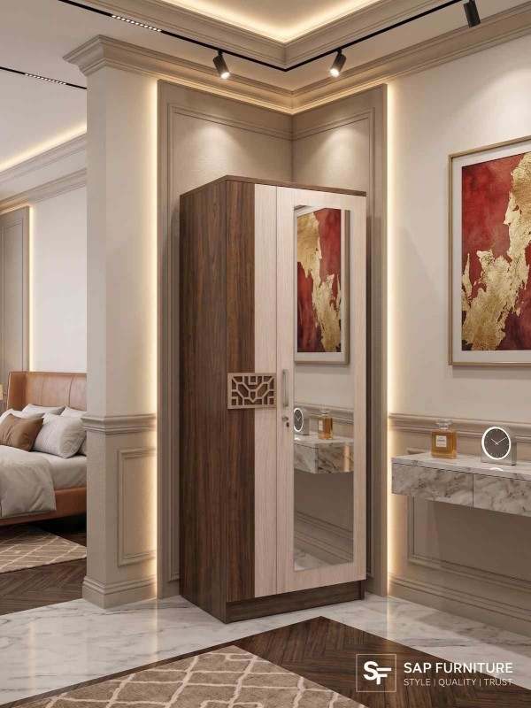 Dual-Tone Single-Door Wardrobe with Dressing Mirror & Geometric Jaali Handle Accent
