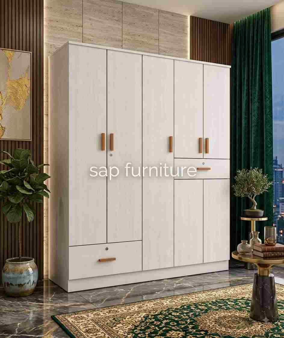 Modern Off-White Five-Door Wardrobe with Integrated Drawers & Wooden Handles