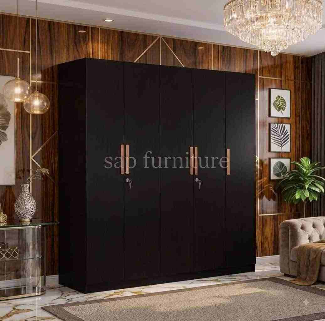 Modern Matte Black Five-Door Wardrobe with Rose Gold/Copper Handles & Key Locks