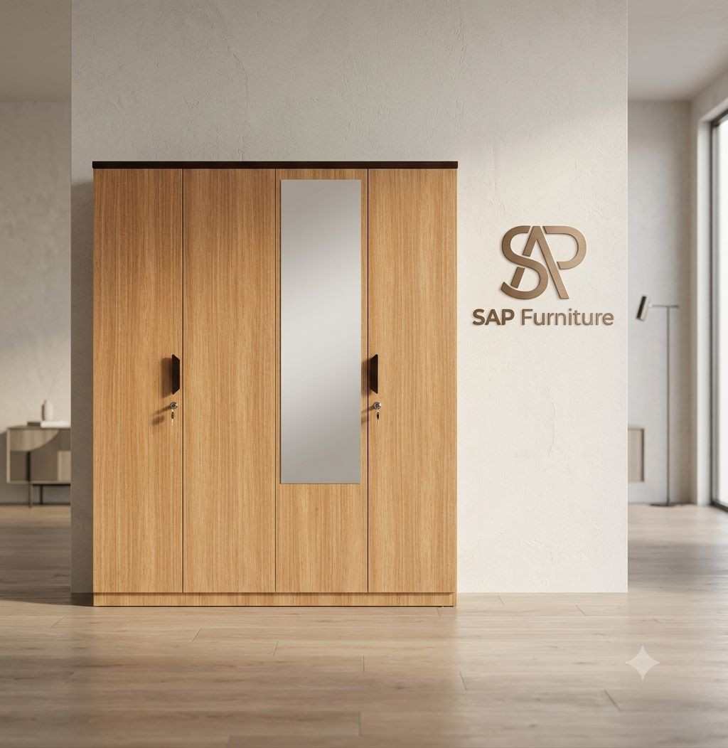SAP Furniture 4-Door Wooden Wardrobe with Mirror & Lock
