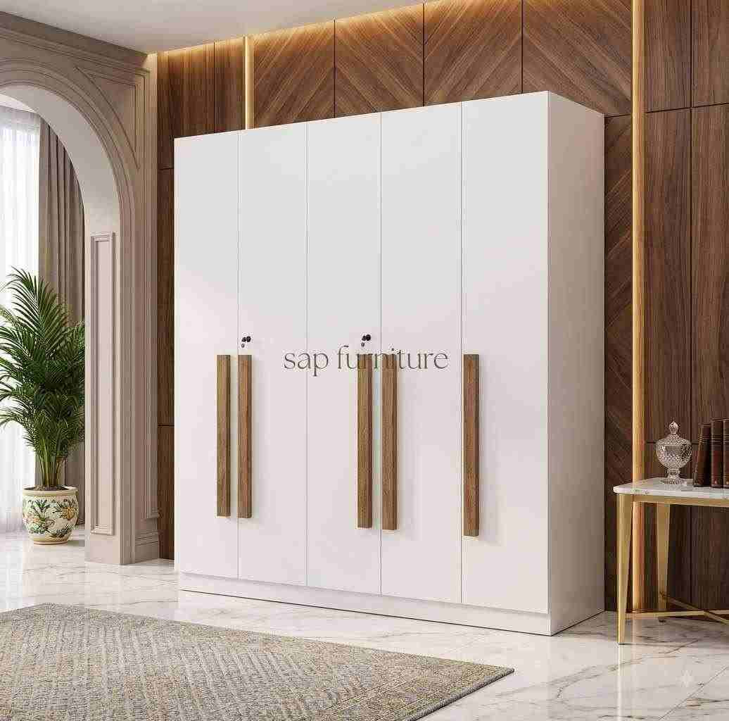 Minimalist White Five-Door Wardrobe with Natural Wooden Bar Handles & Locks