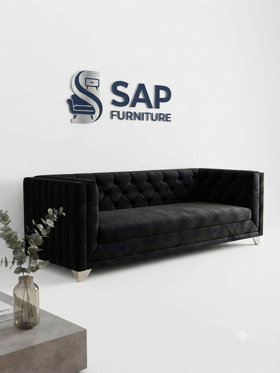 Black Velvet Tufted  3 seater Sofa with Metallic Accents