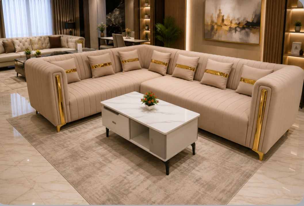 Modern Luxury L-Shape Sectional Corner Sofa with Vertical Channel Tufting.