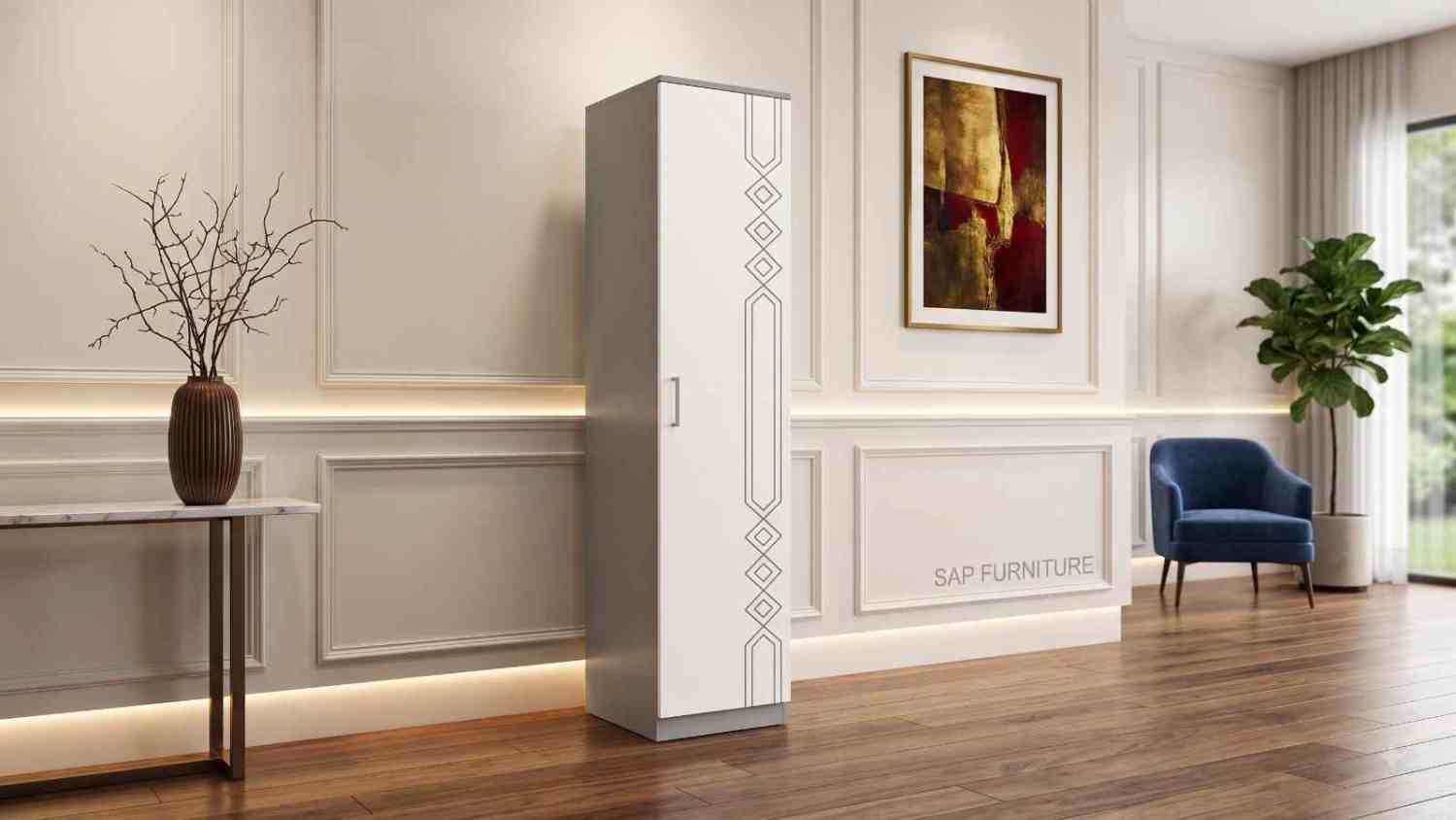 Contemporary Grey & White Single-Door Wardrobe with Diamond Geometric Grooves