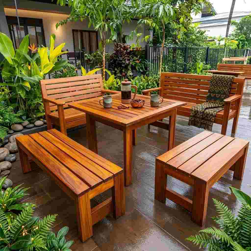 5-Piece Outdoor Solid Teak Dining & Bench Lounge Set