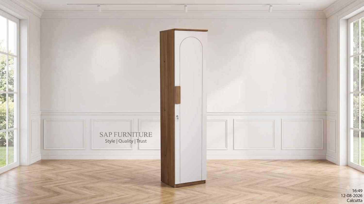 Contemporary Dual-Tone White & Wood Single-Door Wardrobe with Arched Grooved Carving