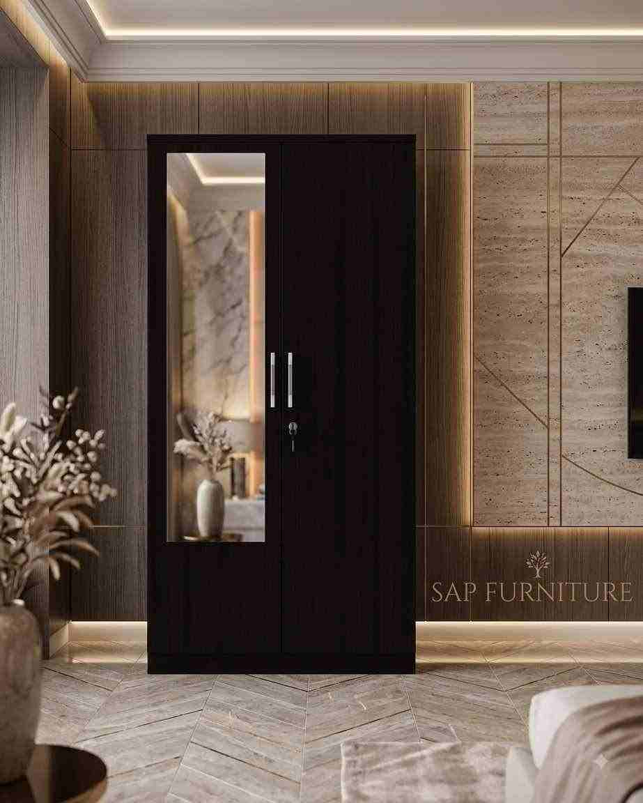 Modern Dark Espresso Double-Door Wardrobe with Dressing Mirror & Lock