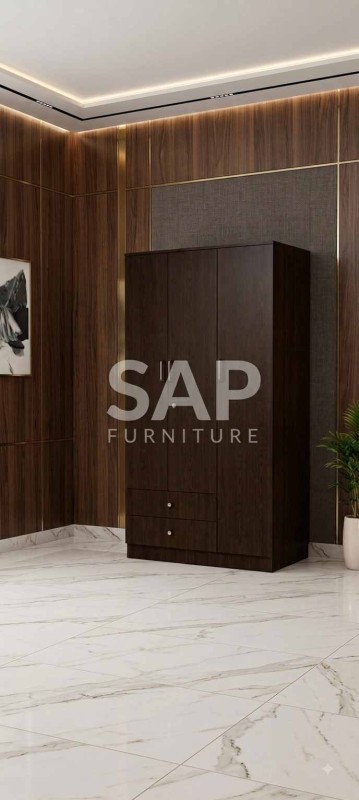 Modern Dark Espresso Three-Door Wardrobe with Bottom Drawers