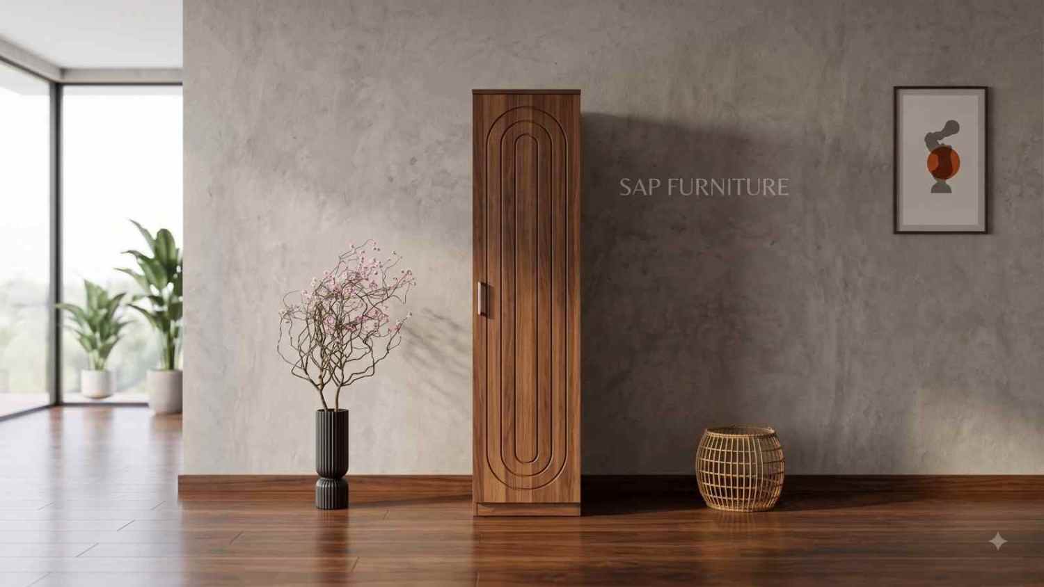 Dark Walnut Single-Door Wardrobe with Oval Grooved Carving
