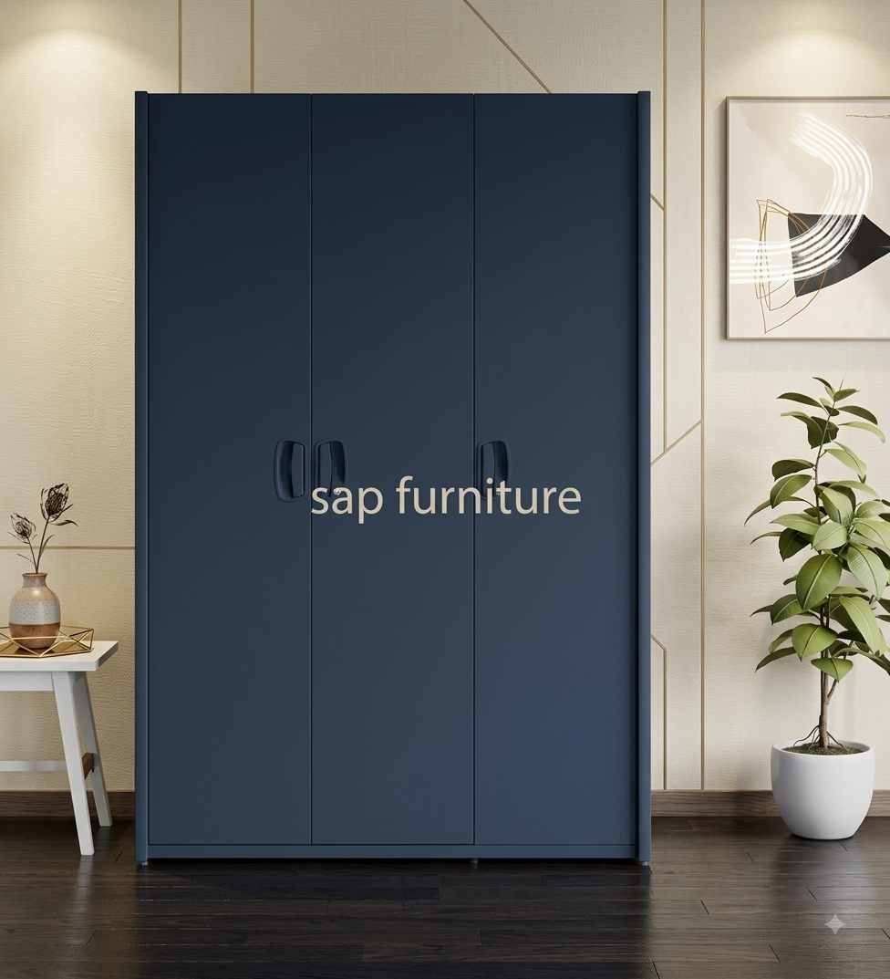 Modern Matte Navy Blue Three-Door Wardrobe with Oval Handles