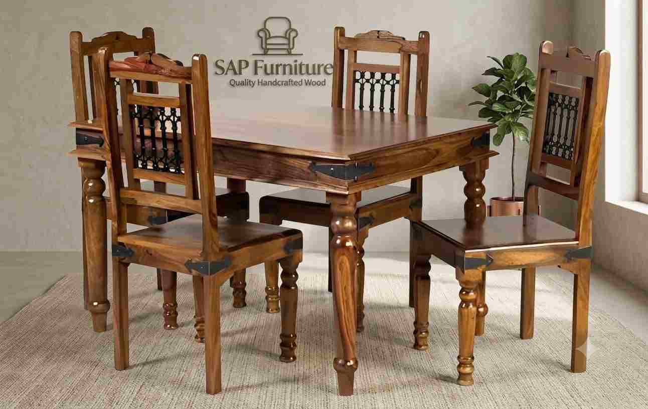 SAP Furniture Rustic Iron-Work Sheesham Wood 4-Seater Dining Set
