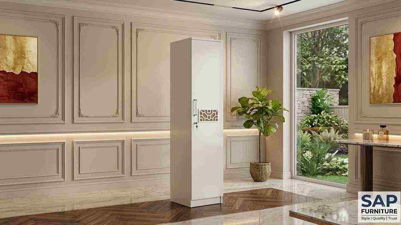 Contemporary White Single-Door Wardrobe with Laser-Cut Jaali Accent
