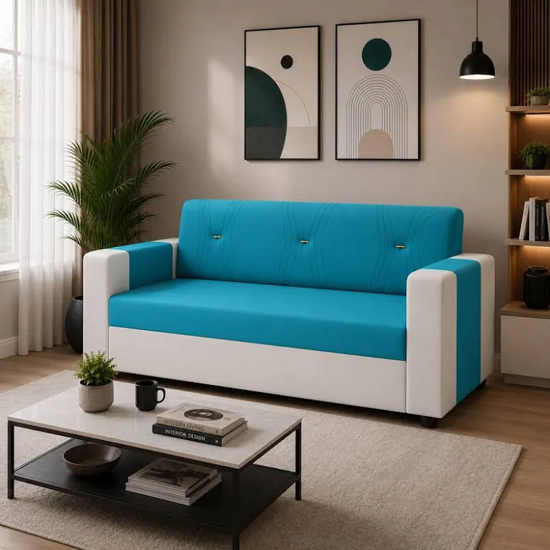 Catchy & Vibrant): SAPkuch Atlantic Blue Dual-Tone 3-Seater Minimalist Sofa