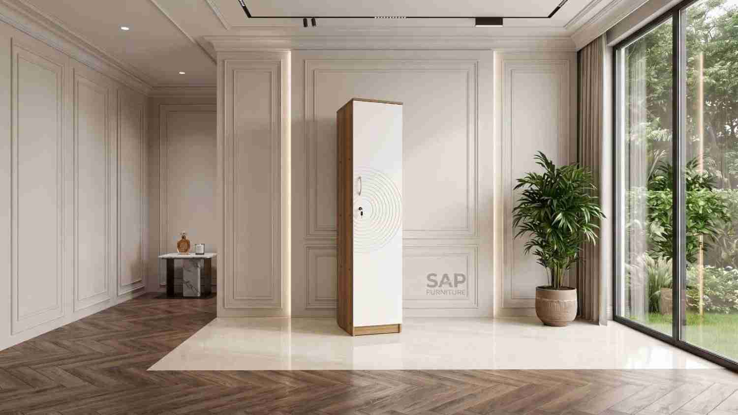 Dual-Tone White & Wood Single-Door Wardrobe with Circular Grooved Carving