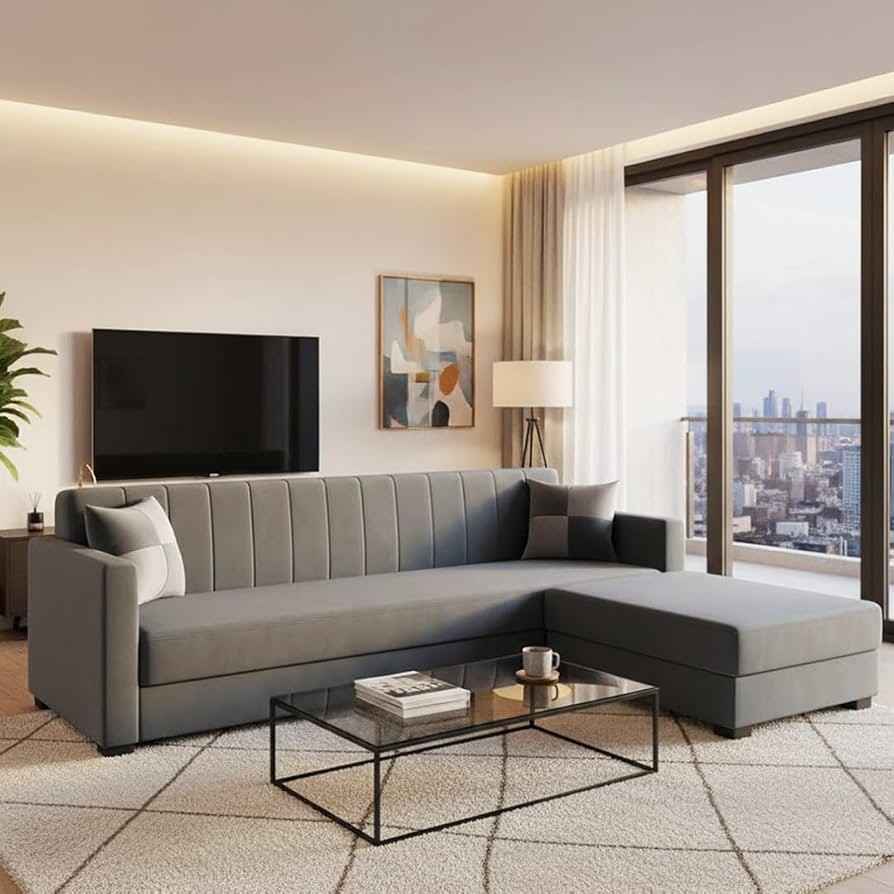 Modern & Minimalist): SAPkuch Modern L-Shape Sectional Sofa with Lounger (Grey)