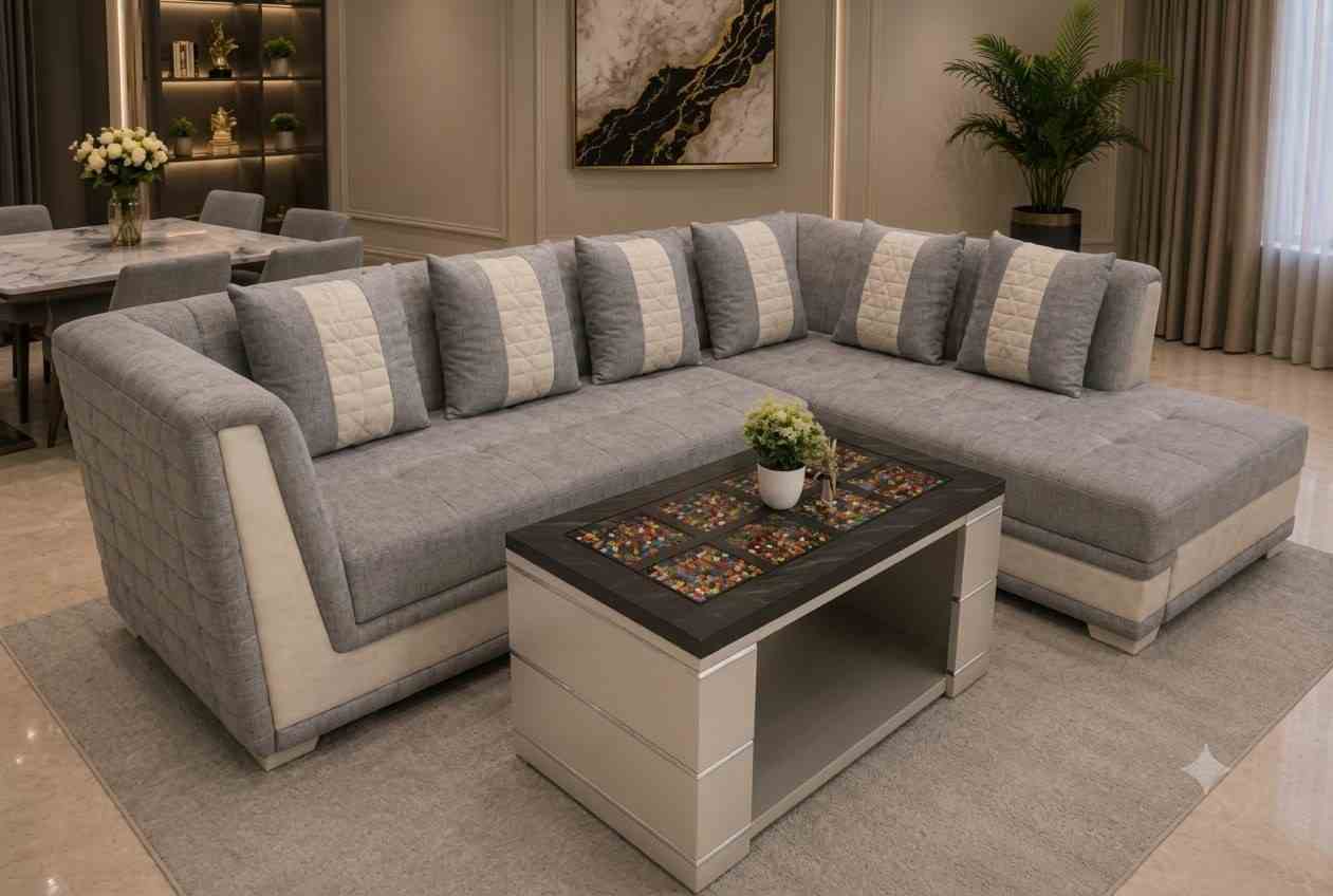Premium Suede Fabric L Shape Sectional Corner Sofa Set with Striped Cushions Beige and Tan Brown