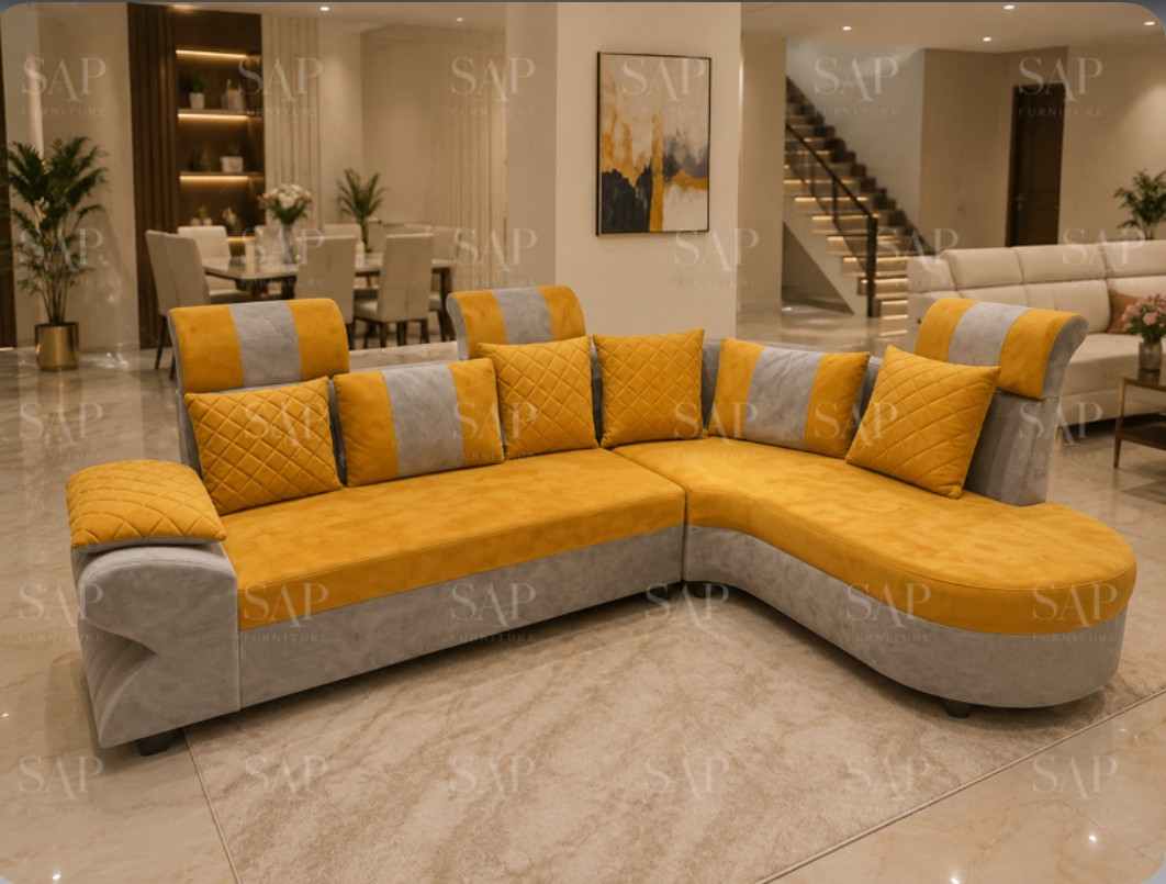 Premium Velvet L Shape Sectional Corner Sofa Set with Curved Chaise Mustard Yellow and Grey