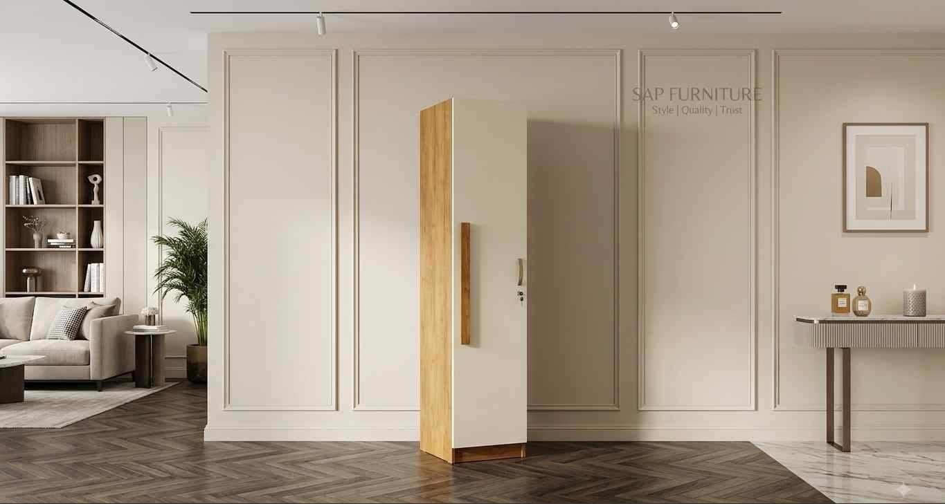 Modern Dual-Tone Off-White & Oak Single-Door Wardrobe with Wooden Accent Handle