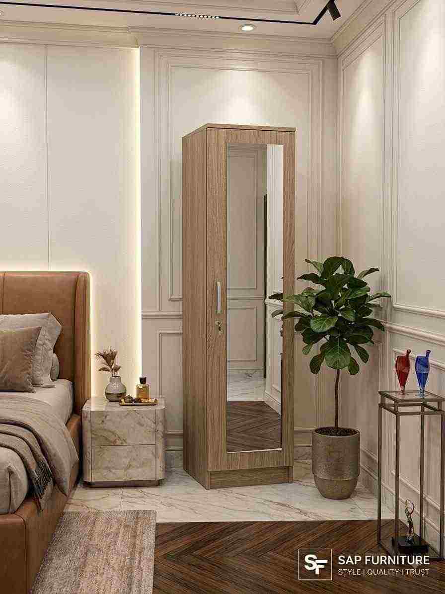 Modern Ash Wood Single-Door Wardrobe with Dressing Mirror