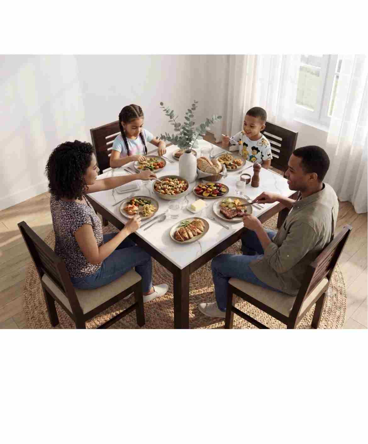 odern 4-Seater Wooden Dining Table Set with a Faux-Marble Top.