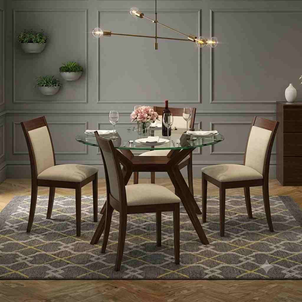 Aura 4-Seater Mid-Century Modern Round Glass Dining Set