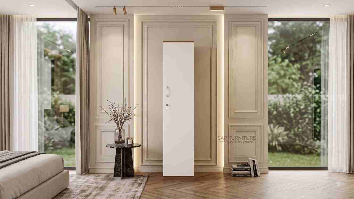 Minimalist White Single-Door Wardrobe with Natural Wood Trim & Lock