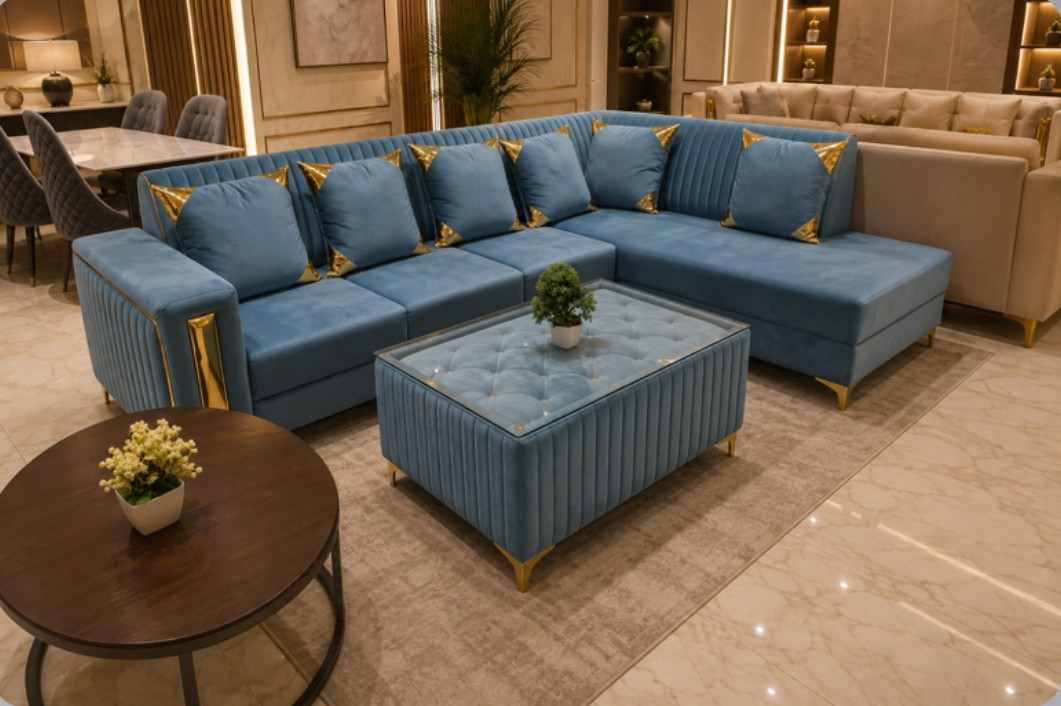 Modern Luxury Powder Blue L-Shape Sectional Corner Sofa with Channel Tufting.