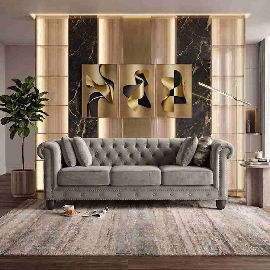 Premium Classy): SAPkuch Royal Chesterfield 3-Seater Velvet Sofa (Grey)