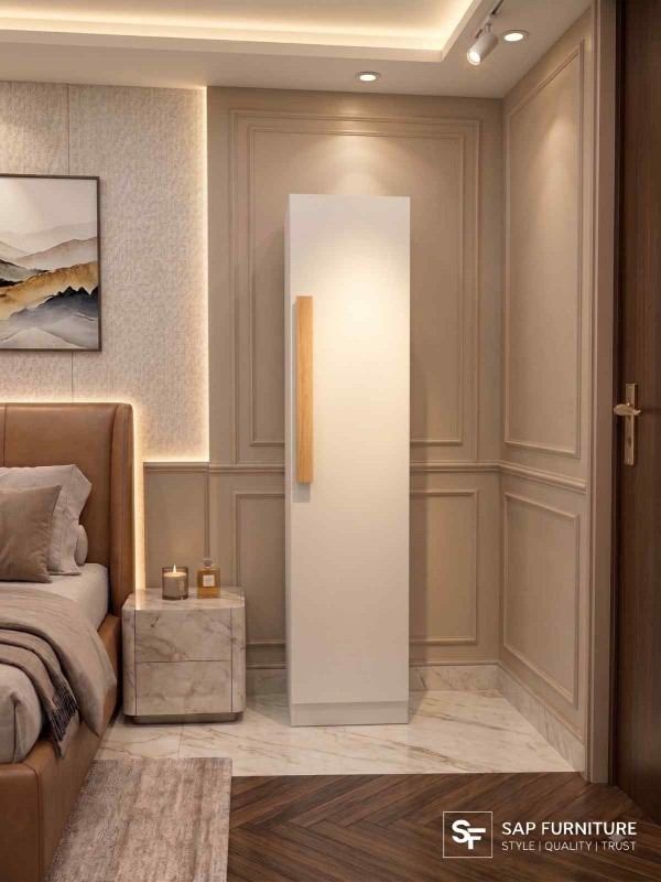 Sleek White Single-Door Wardrobe with Natural Wooden Handle