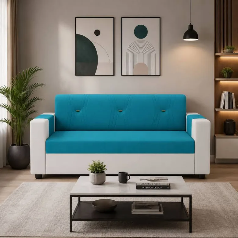 Catchy & Vibrant): SAPkuch Atlantic Blue Dual-Tone 3-Seater Minimalist Sofa