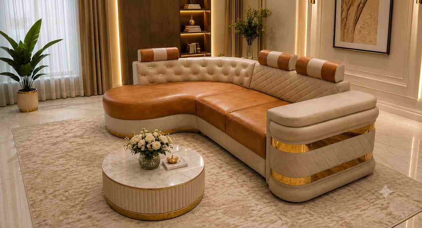 Premium Curved Leatherette Sectional Sofa Set with Golden Steel Accents Tan Brown and Beige