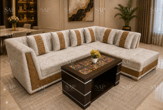 Premium Suede Fabric L Shape Sectional Corner Sofa Set with Striped Cushions Beige and Tan Brown