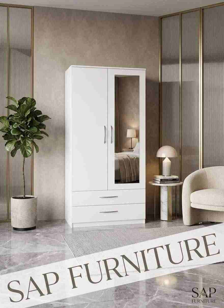 Contemporary White Double-Door Wardrobe with Dressing Mirror & Bottom Drawers