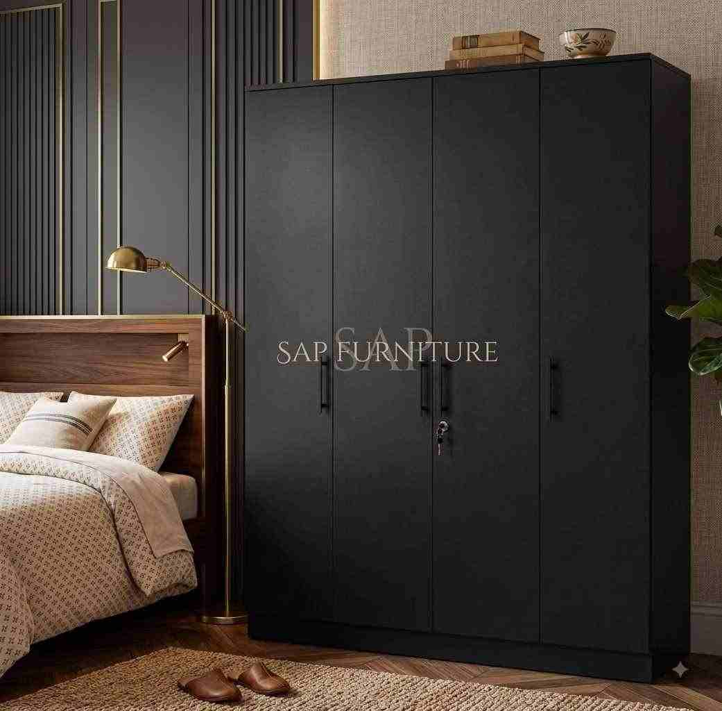 Modern Matte Black Four-Door Wardrobe with Key Lock