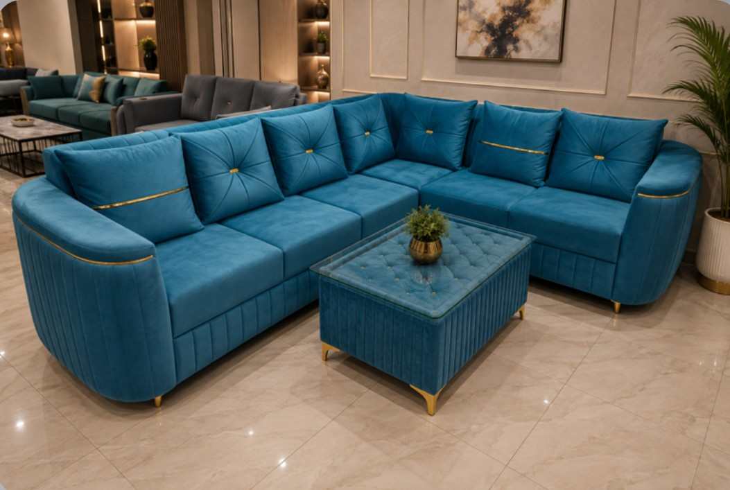 Azure Royale Velvet Sectional Sofa with Matching Tufted Coffee Table