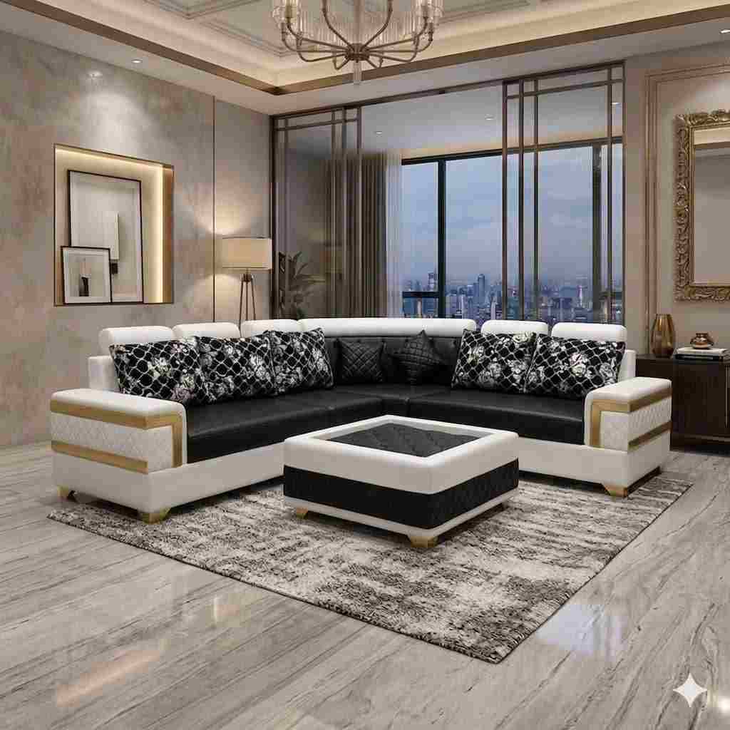 Executive Curved L Shape Corner Sectional Sofa Set with Luxury Coffee Ottoman Grey and Ivory White