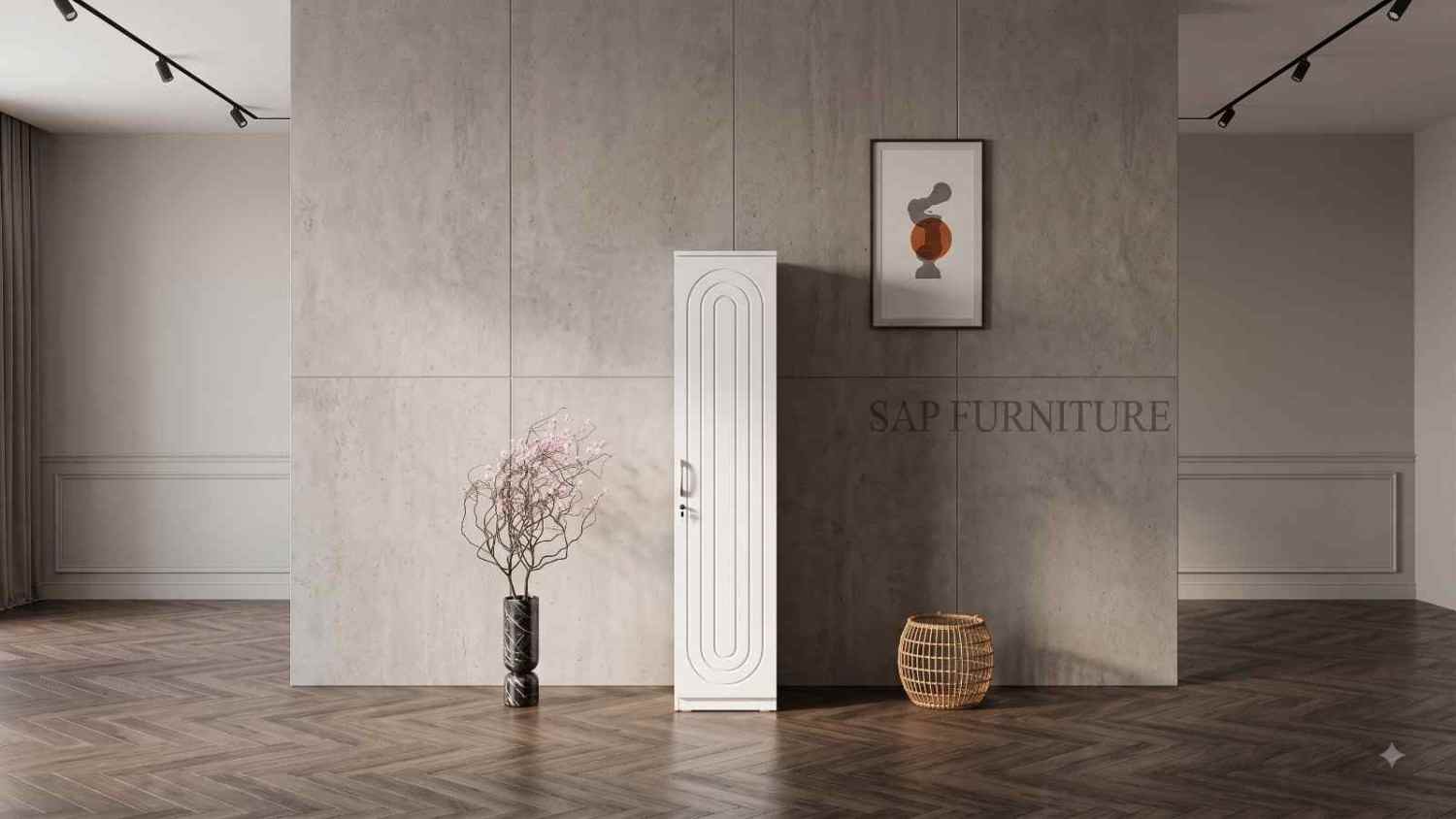 Contemporary White Single-Door Wardrobe with Oval Grooved Carving