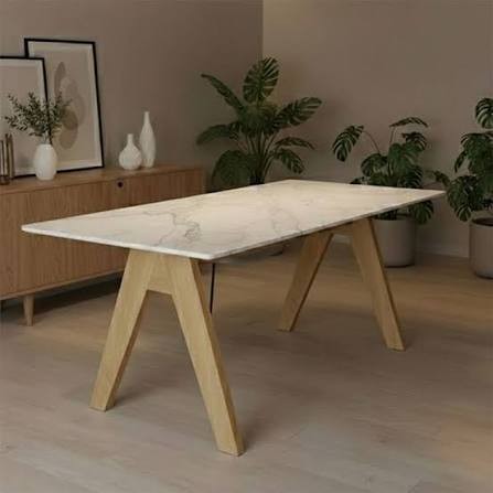 Aura Rectangular Faux Marble Dining Table with A-Frame Wooden Legs