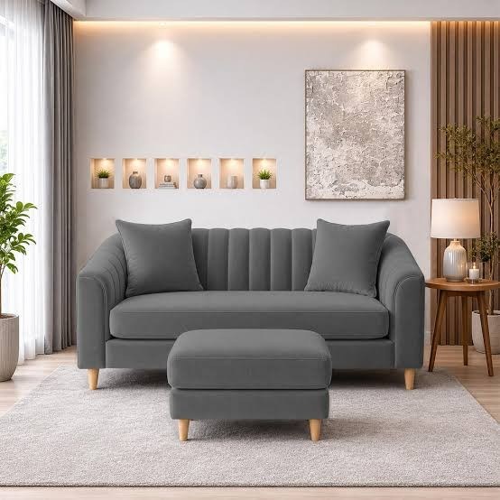 Stella Modern Grey Velvet Channel-Tufted Sofa with Ottoman Set