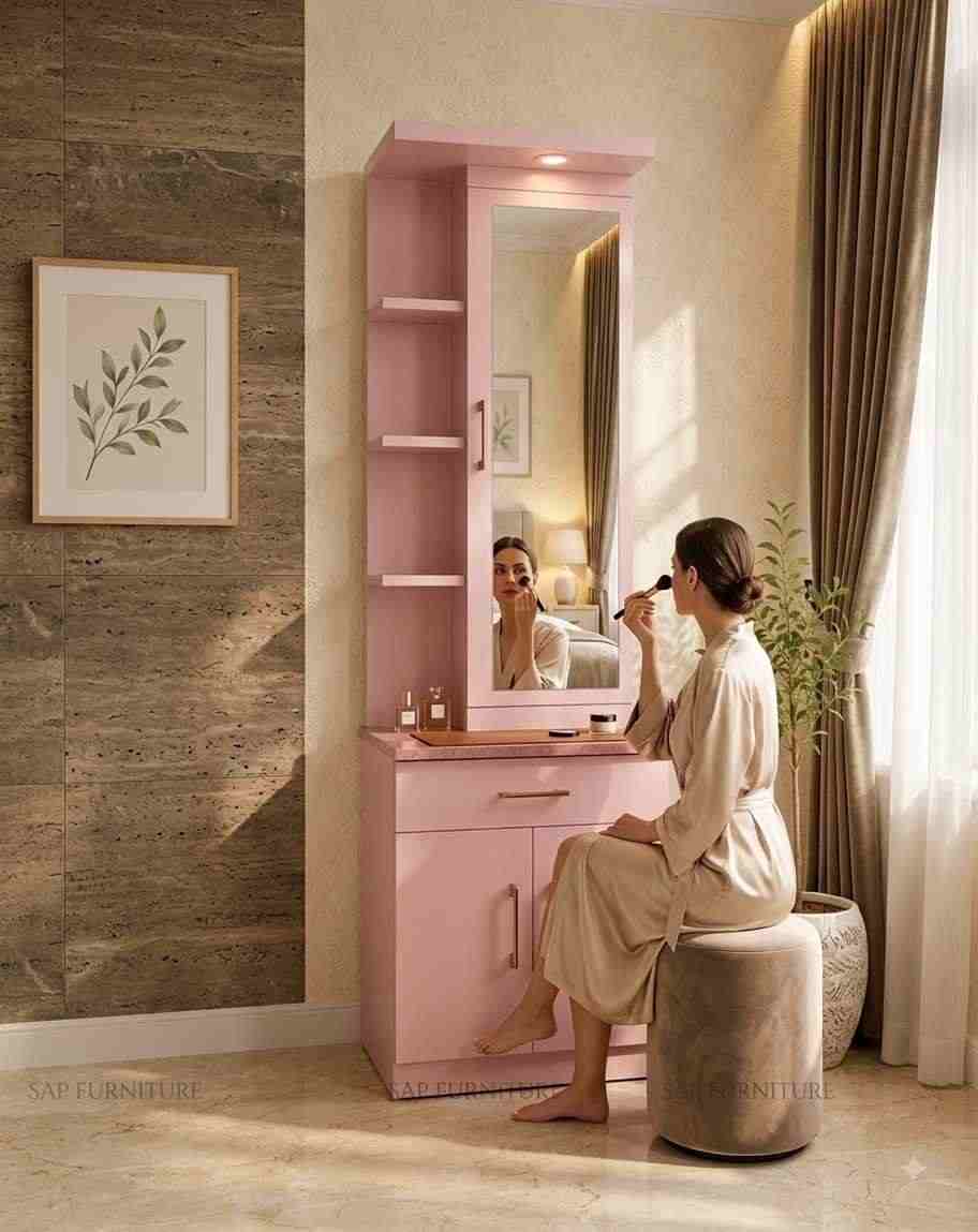 Blush Pink Modern Vanity Unit with Overhead Light