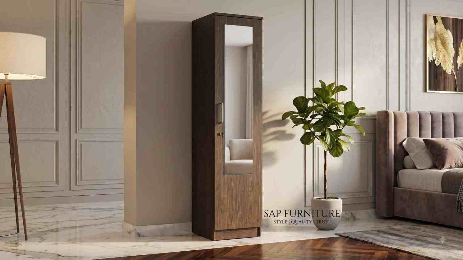 Modern Dark Walnut Single-Door Wardrobe with Integrated Mirror