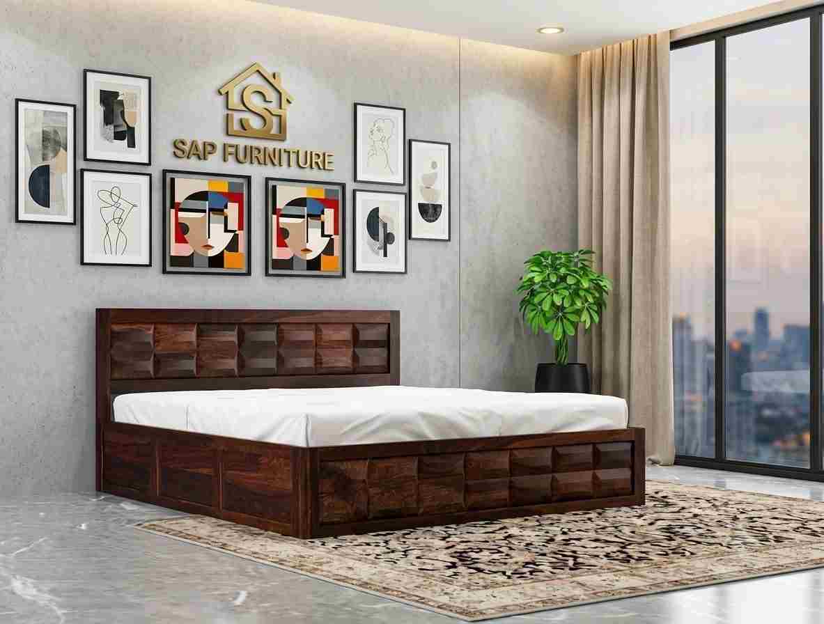 SAP Furniture Geometric Block Sheesham Wood Bed
