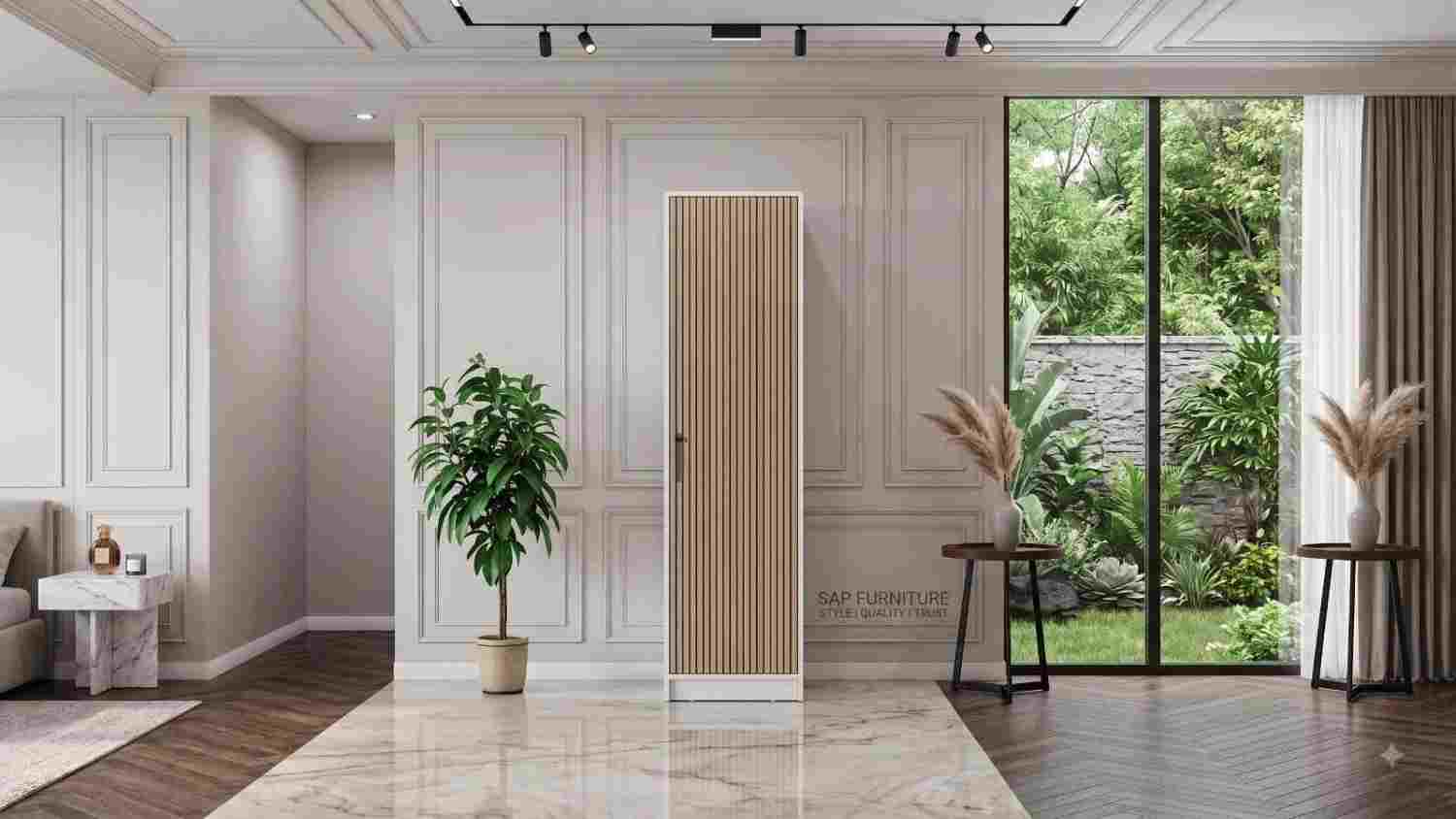 Modern Fluted Oak Single-Door Wardrobe with White Frame