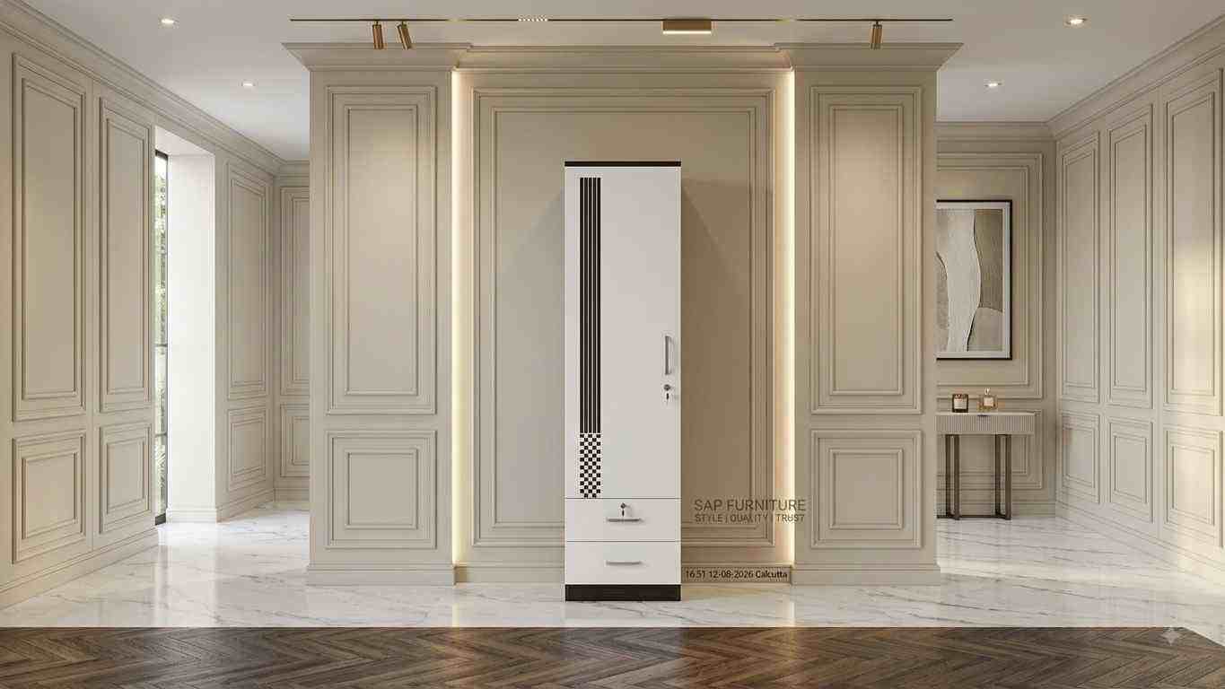 Contemporary White Single-Door Wardrobe with Drawers & Geometric Stripe Inlay