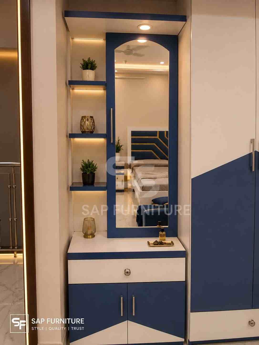 Royal Blue & Off-White Contemporary Vanity Unit with Warm LED Lighting