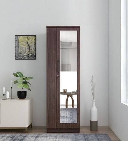 Urban Walnut Single-Door Wardrobe with Full-Length Dressing Mirror