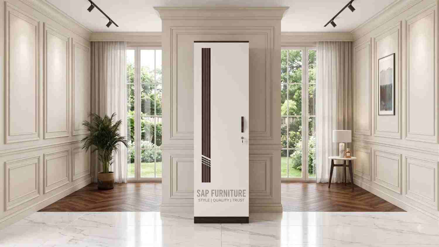 Contemporary White Single-Door Wardrobe with Dark Stripe Inlay Accent