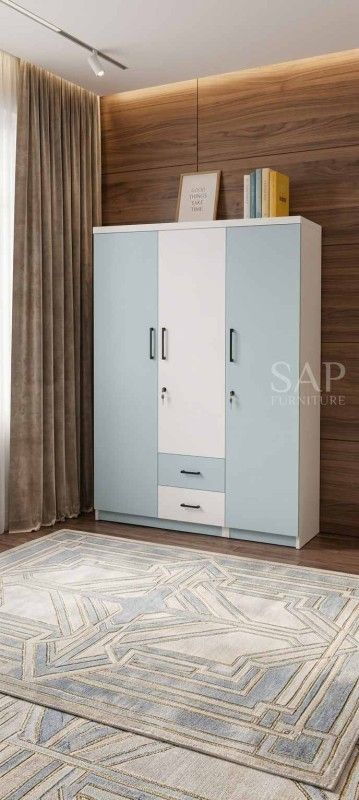 Chic Pastel Light Blue & White Three-Door Wardrobe with Center Drawers & Lock