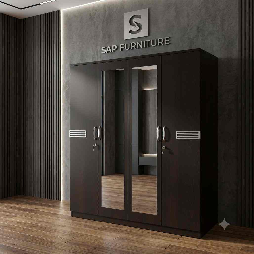 SAP Furniture 4-Door Modern Wooden Wardrobe with Dual Mirrors